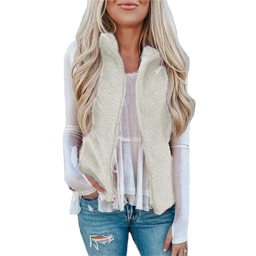 Teddy Plush Zip-Up Loose Fit Warm Pocketed Sleeveless Vest