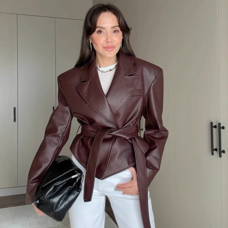 Strapped Temperament Faux-Leather Motorcycle Jacket For Women