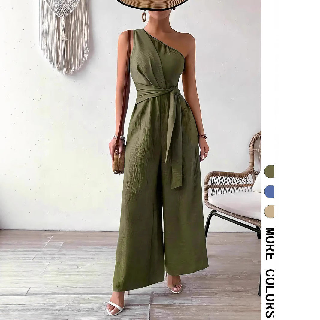 Wide Leg Shoulder Strap Jumpsuit With Adjustable Waist Tie