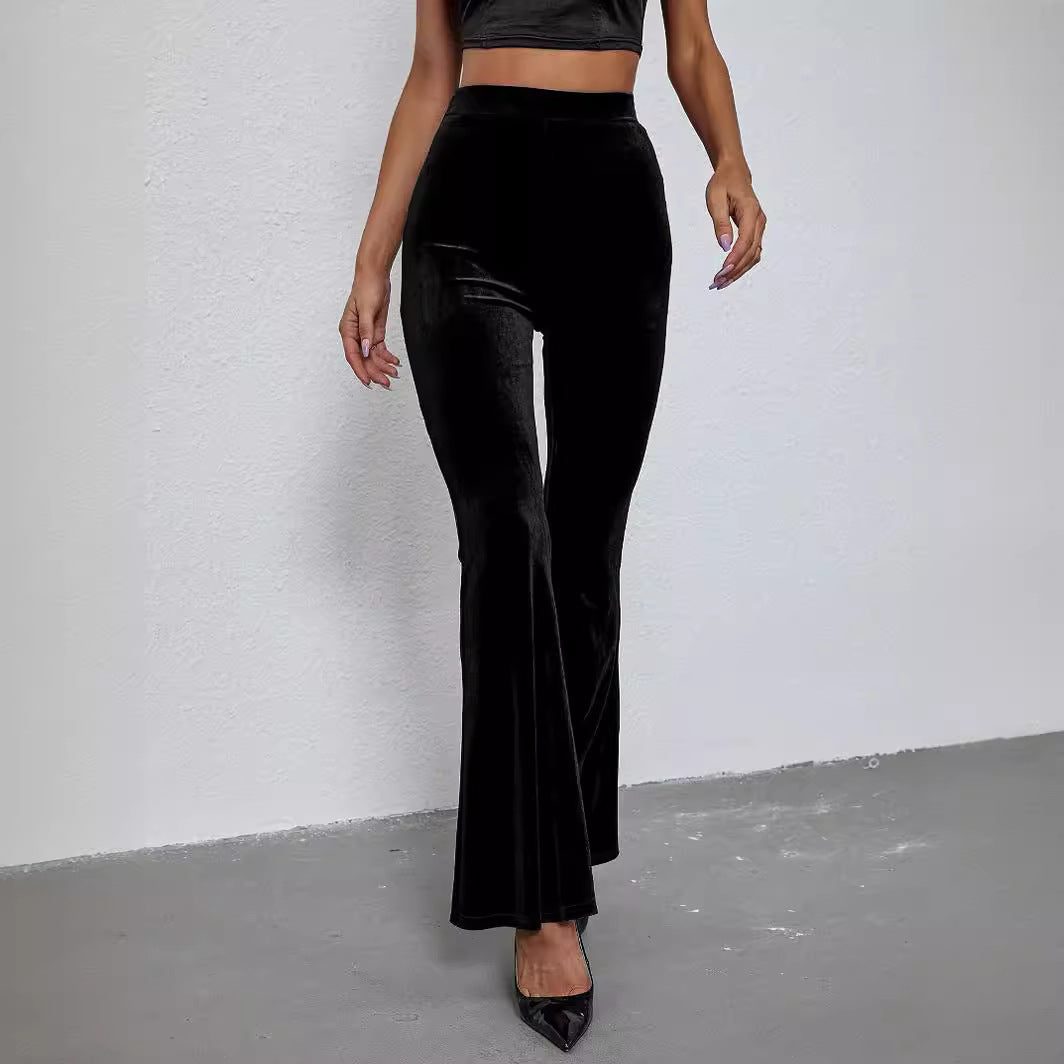 High-Waist Velvet Slim Fit Flared Pants For Elegant Outfits