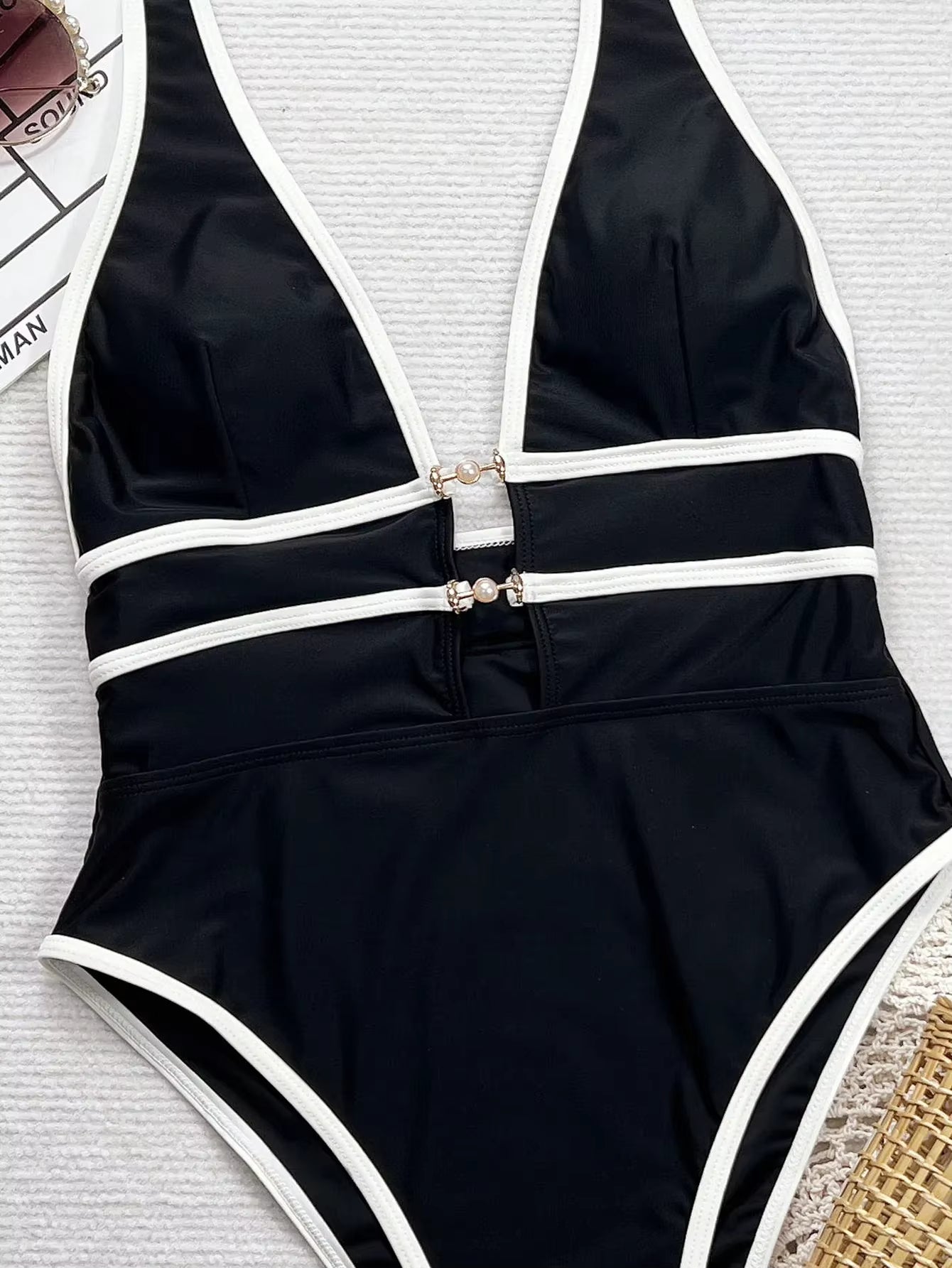 Deep V Suspender One Piece Swimsuit With Color Block Design