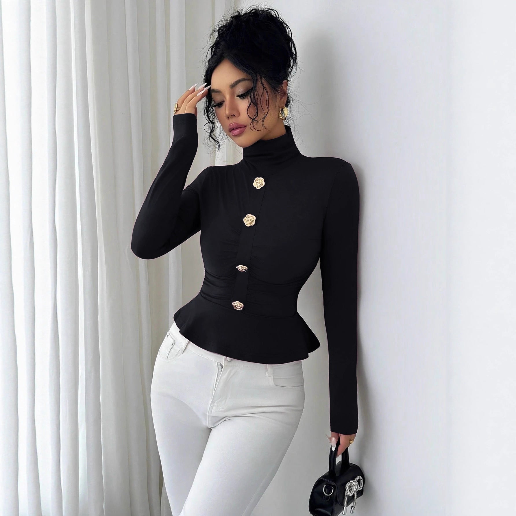 High Neck Pleated Slim Fit Long Sleeve Elegant Autumn Winter Top