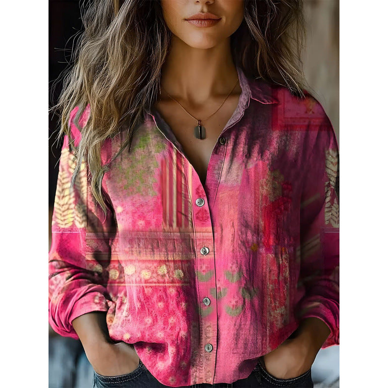 Vintage Retro Print Long Sleeve Lightweight Casual Button Shirt