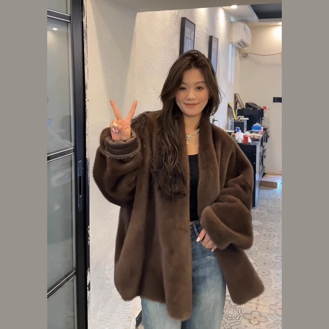 Short Faux Fur Mink Coat With Batwing Sleeves