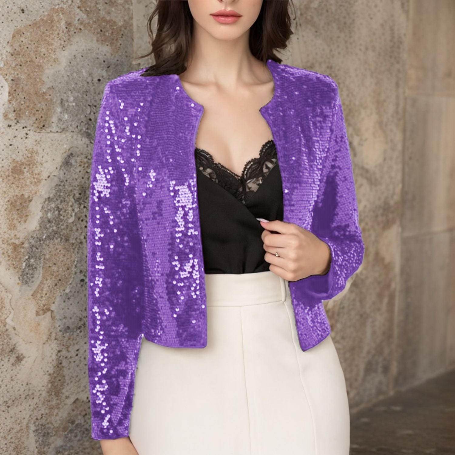 Crew-Neck Long Sleeve Sequin Cardigan Jacket For Evening Wear
