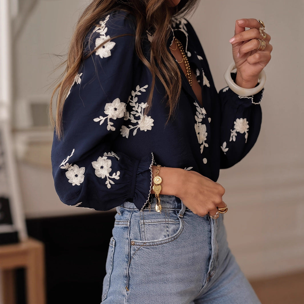 Women's Embroidered Chiffon Long Sleeve Elegant Western Style Blouse