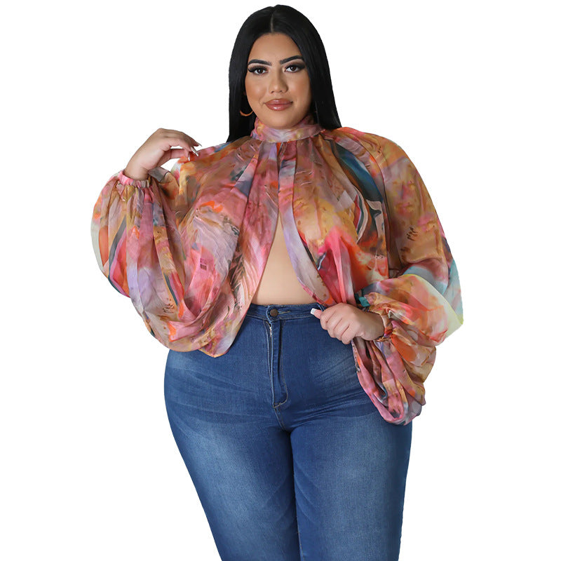 Plus Size Floral Batwing Sleeve Long Chiffon Tie-Detail Loose Top