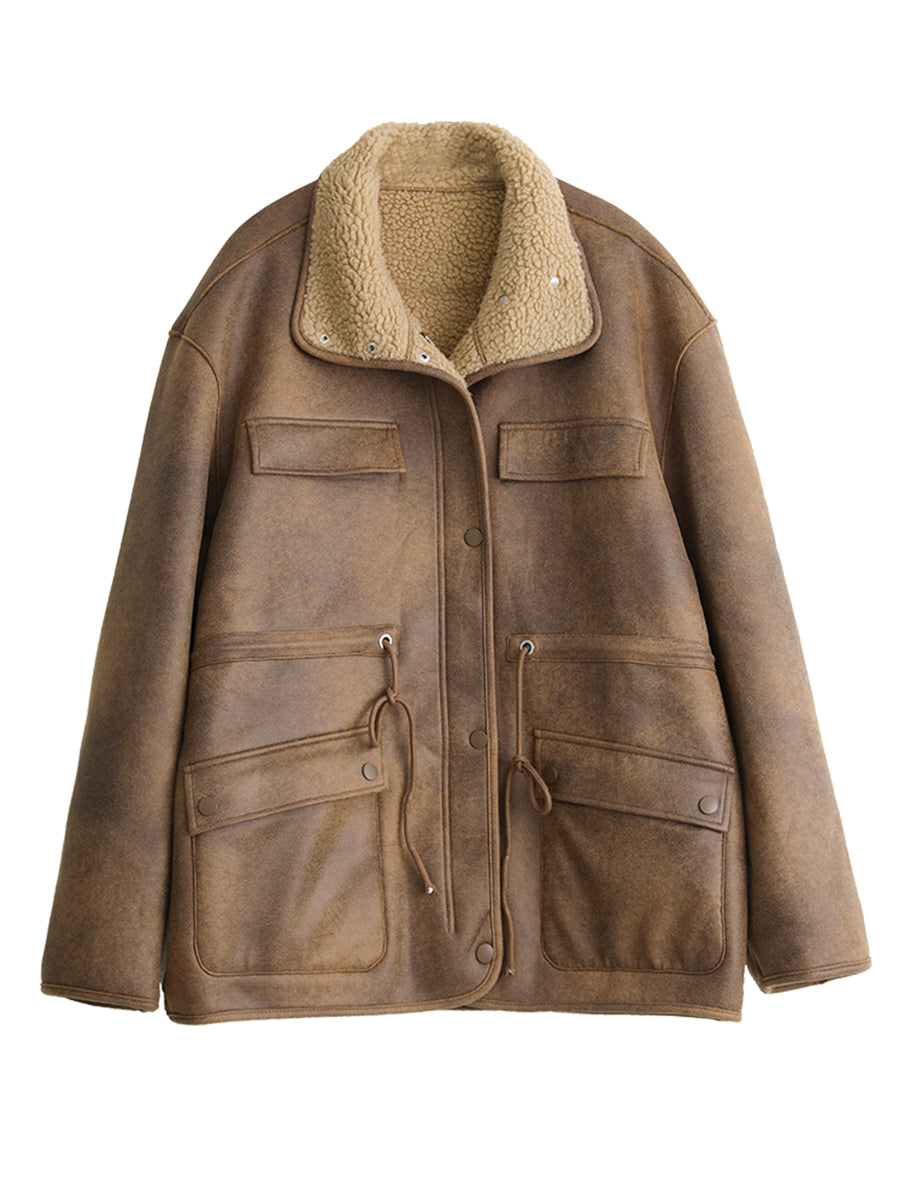 Suede Lamb Wool Motorcycle Coat Mid-Length Women's Jacket Warm