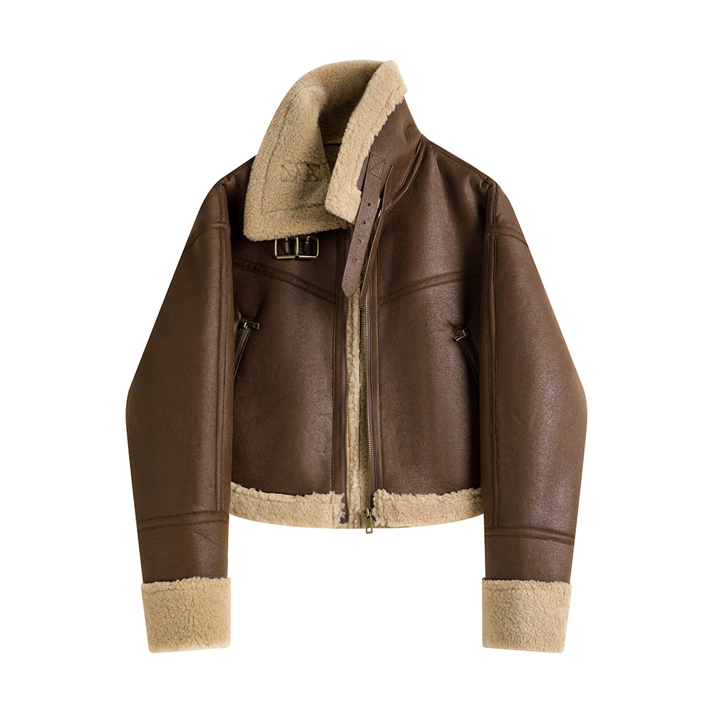 Stand Collar Lamb Fur Short Coat Women's Zipper Jacket Warm