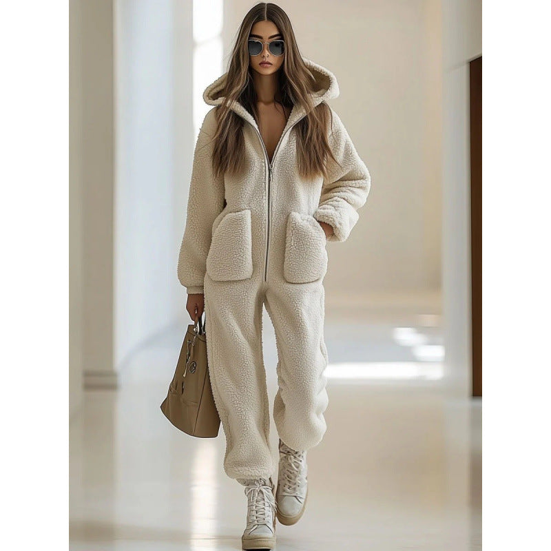 Hooded Plush Jumpsuit With Loose Fit And Cozy Warmth
