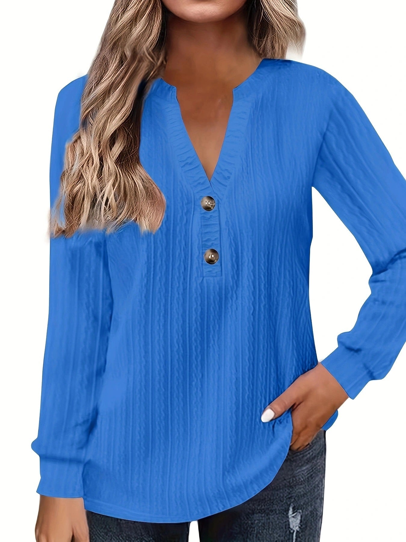 Women's Long Sleeve V-Neck Buttoned Solid Color Casual T-Shirt