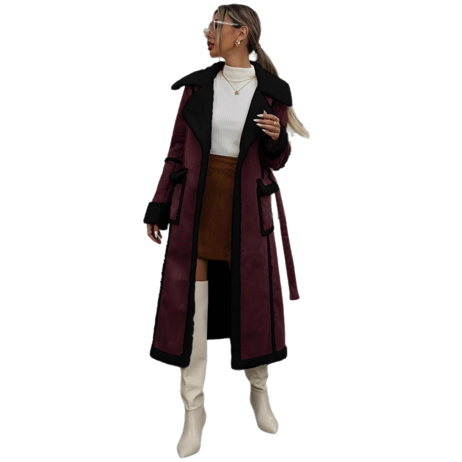 Long Lamb Wool Coat With Fur Lined Collar And Fleece Insulation