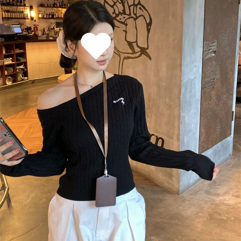 Off-Shoulder Embroidered Knit Long Sleeve Slim Fit Short Top