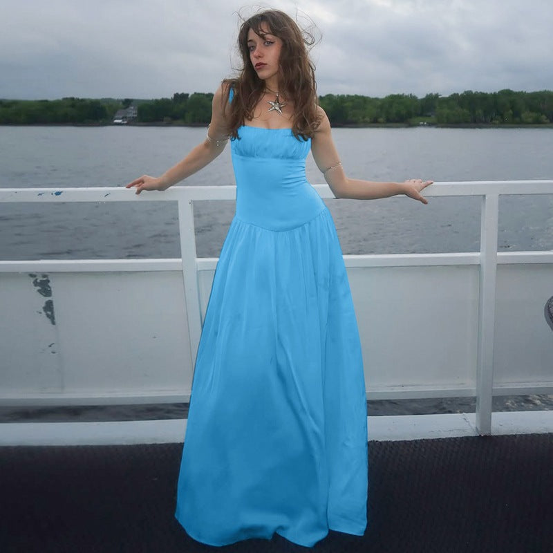 High Waist Pleated Sling Dress With Slimming Fit And Patchwork Skirt