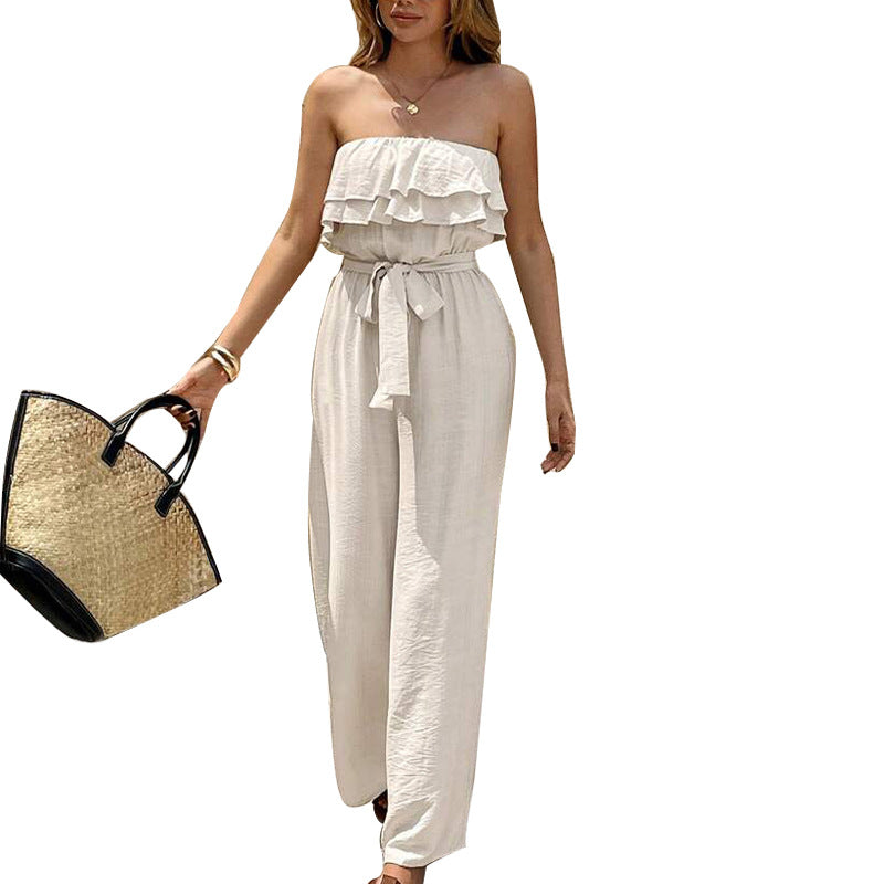 Ruffled Tube Top Sleeveless Jumpsuit With Adjustable Waist Tie