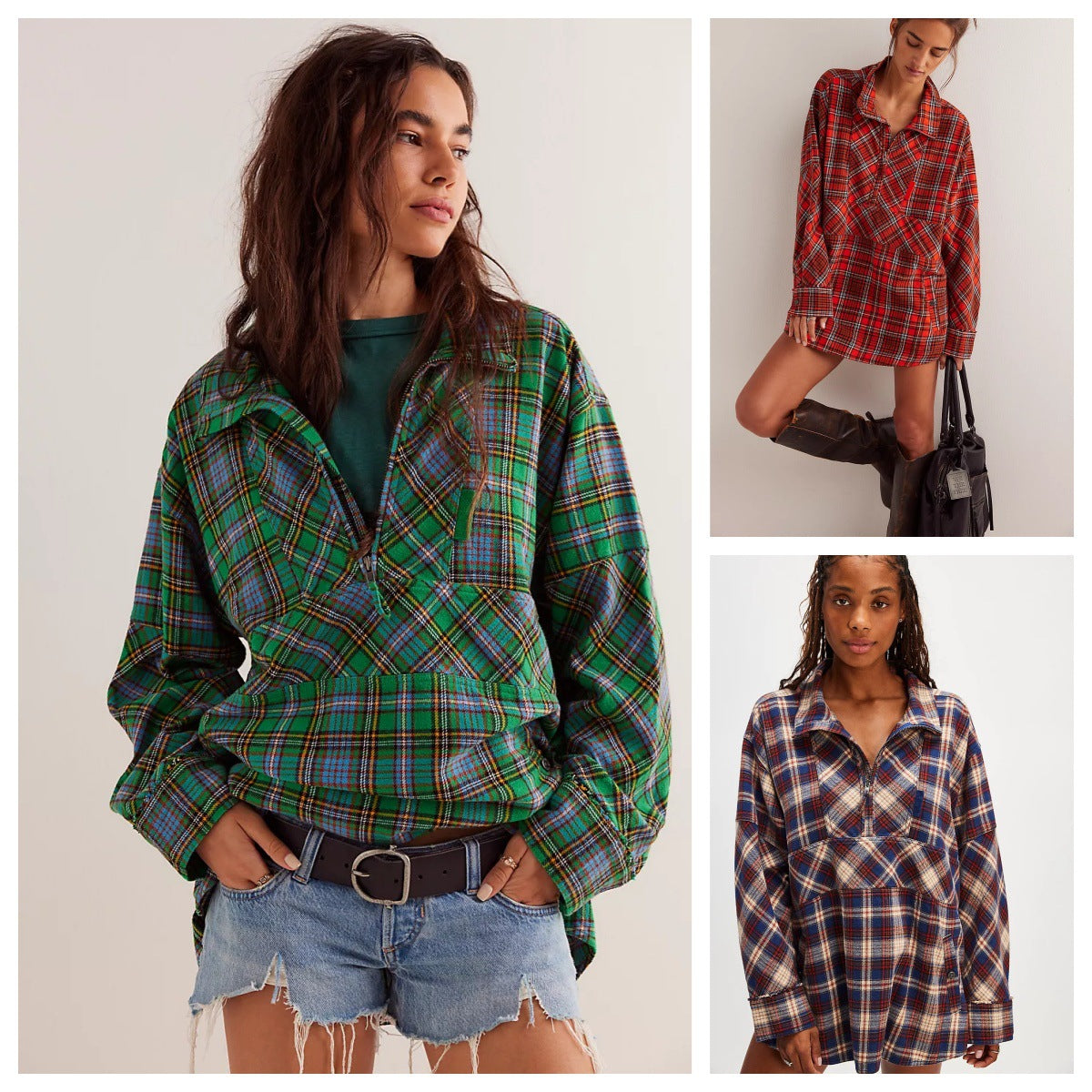 Women's Half-Zip Plaid Loose Fit Long Sleeve Casual Pocket Shirt