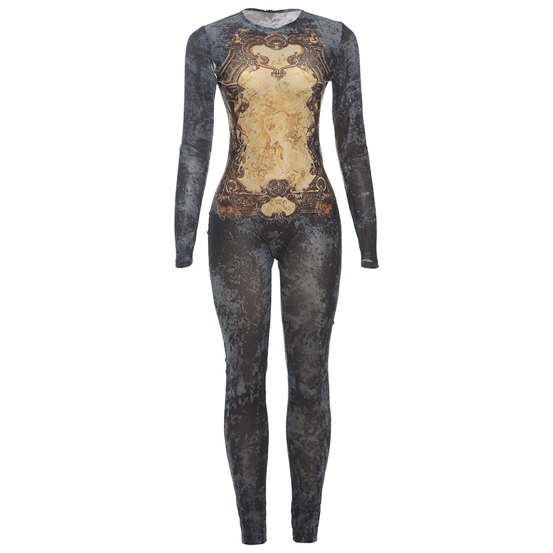 Mesh Print High Waist Slim Fit Jumpsuit With Zipper Front