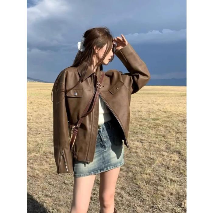 Casual Retro Solid Color Loose PU Leather Coat For Women