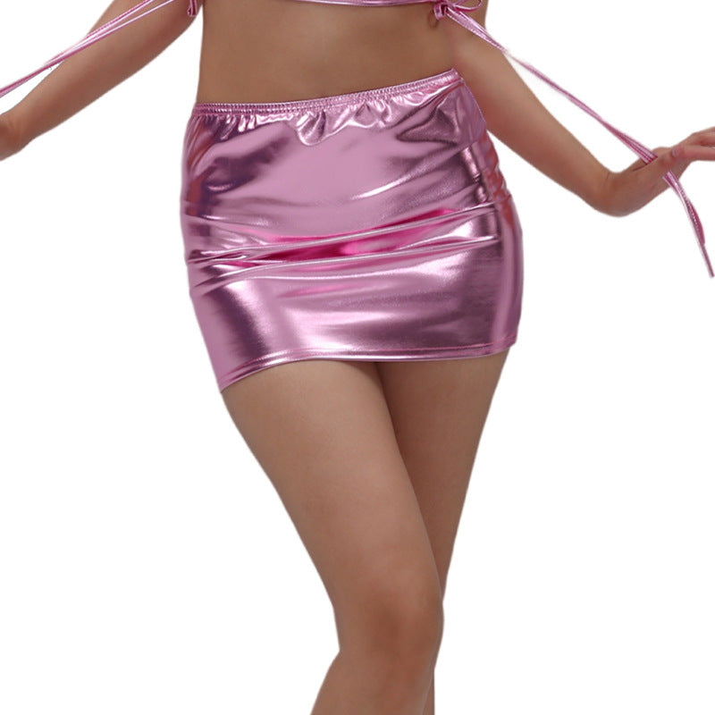 Gold Foil Patent Leather Sheath Skirt For Women's Performances