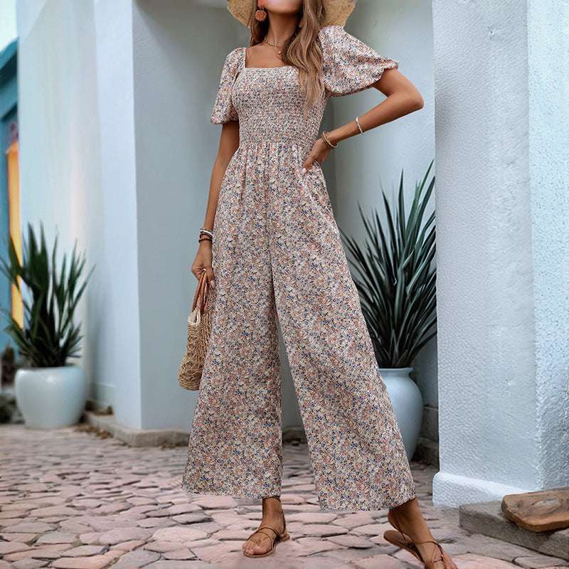 Floral Puff Sleeve Vacation Jumpsuit With Elegant Square Neckline