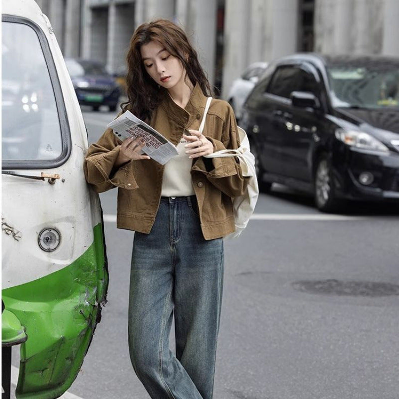 Korean Retro Stand-Collar Workwear Jacket For Women
