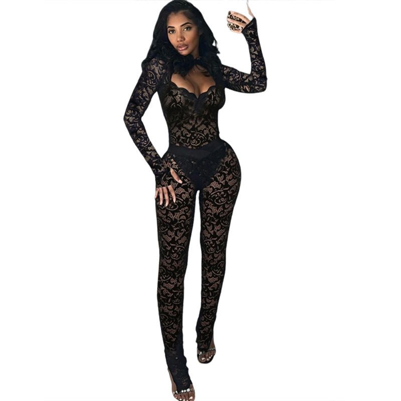 Lace Hollow Stitching Slim Fit Jumpsuit With Sheer Detailing