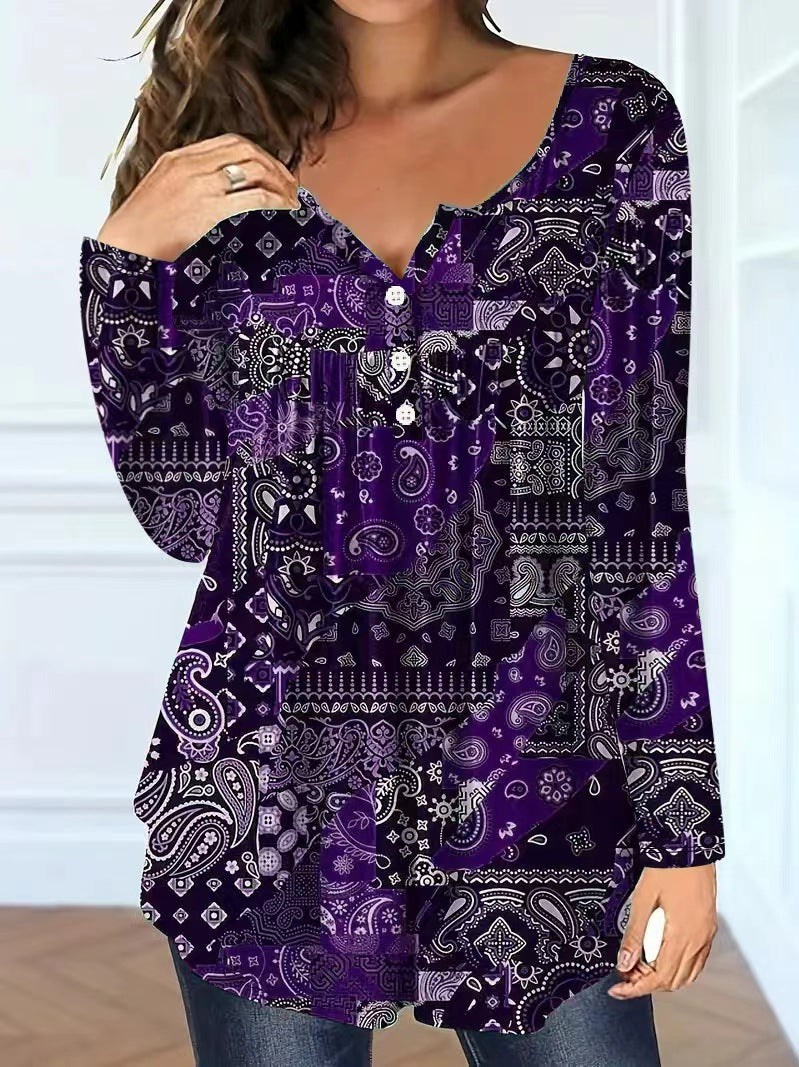 Women's Loose Fit V-Neck Buttoned Long Sleeve Casual T-Shirt