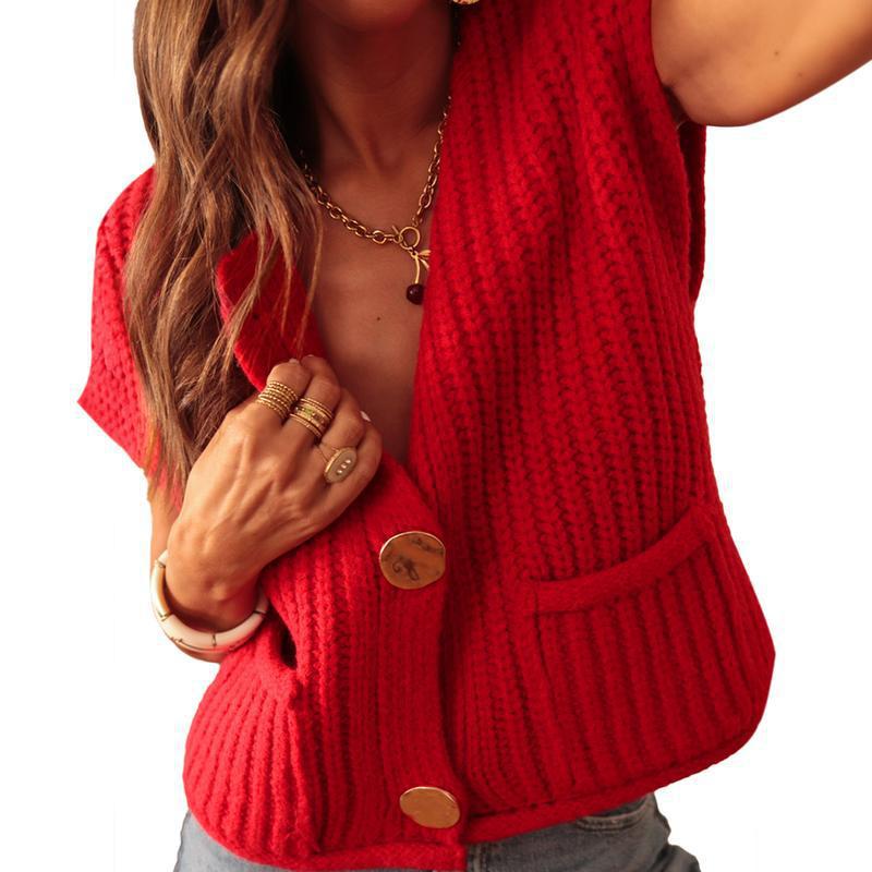 Textured Knitted Button-Front Waistcoat With Side Pockets