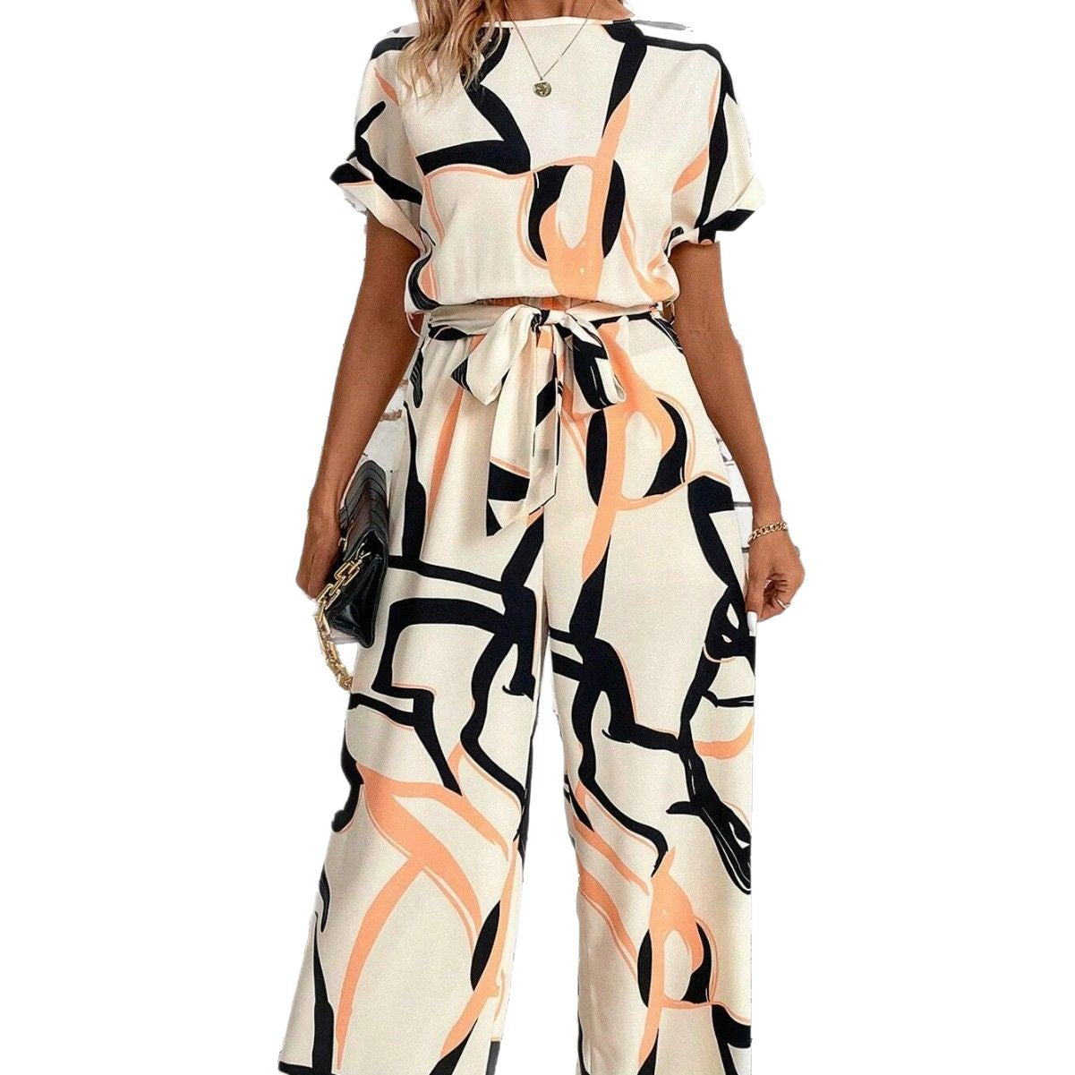 Retro Printed Short Sleeve Jumpsuit With Waist Cinching Fit