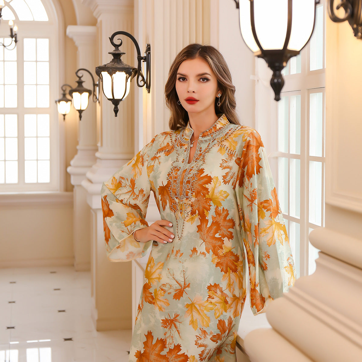 Printed Long Sleeve Summer Gown Dress With Flowing Silhouette