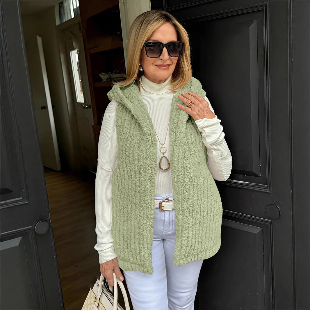 Fuzzy Hooded Sleeveless Mid-Length Soft Casual Solid Color Vest