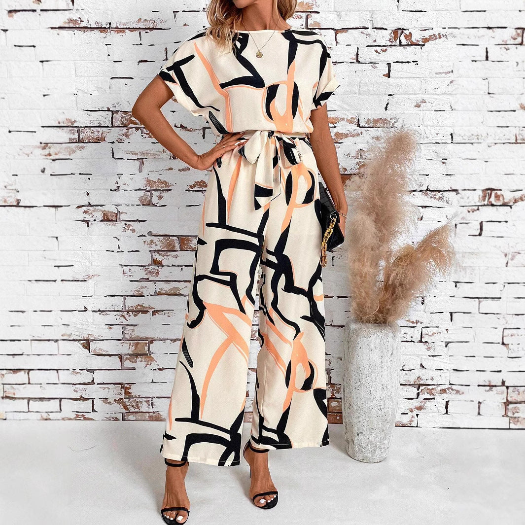 Retro Printed Short Sleeve Jumpsuit With Waist Cinching Fit