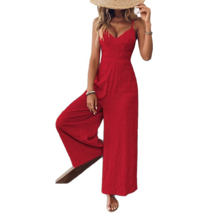 Bow Back Wide Leg Jumpsuit With Adjustable Straps And Lightweight Fit
