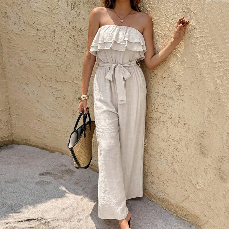 Ruffled Tube Top Sleeveless Jumpsuit With Adjustable Waist Tie