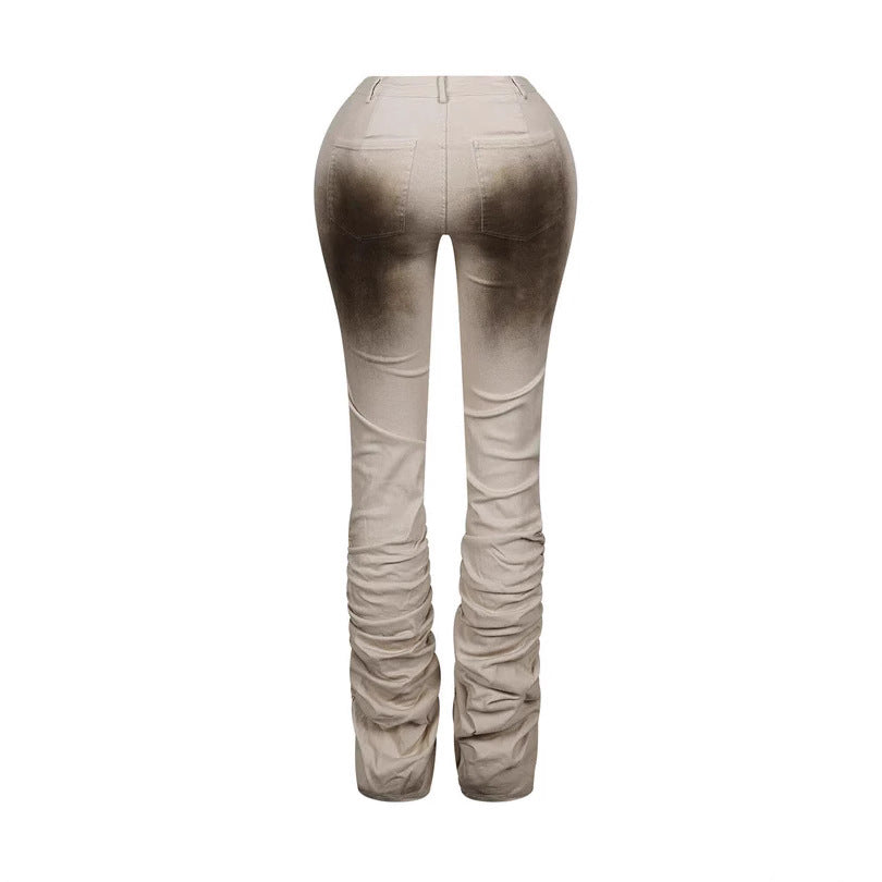Slim Fit Retro Stacked Pants With Distressed Streetwear Style