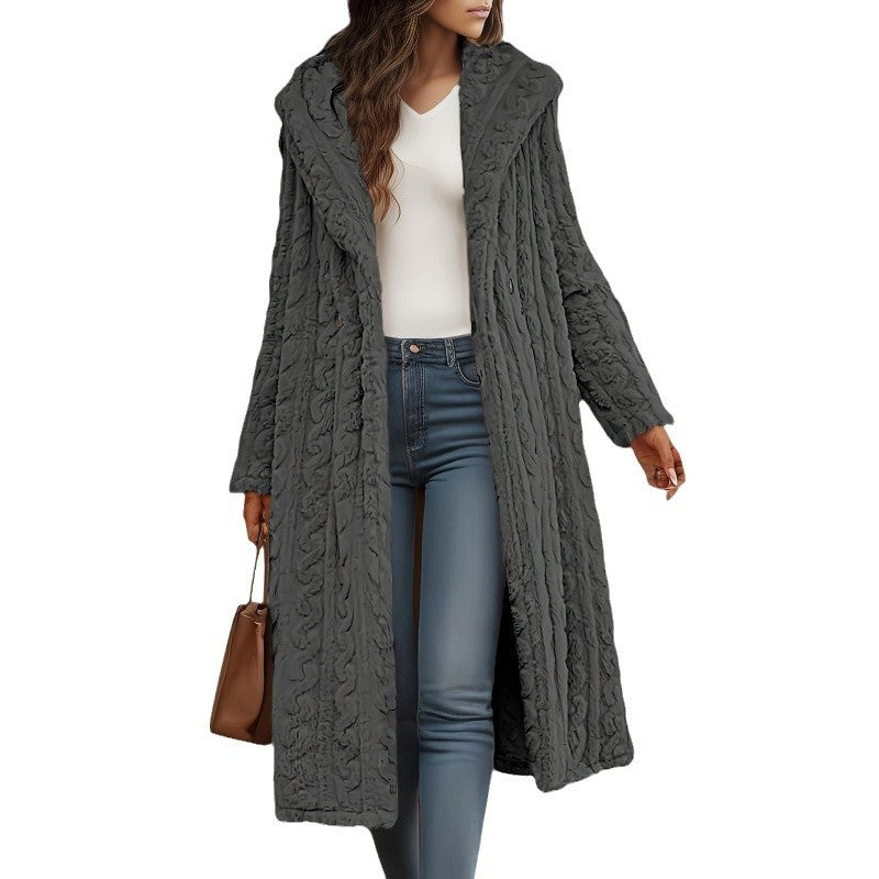 Long Hooded Wool Blend Coat With Button Closure