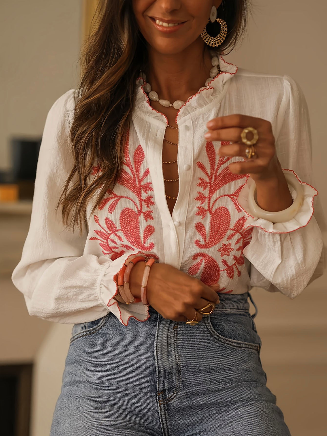 Women's Printed Patchwork Long Sleeve Street Style Casual Blouse