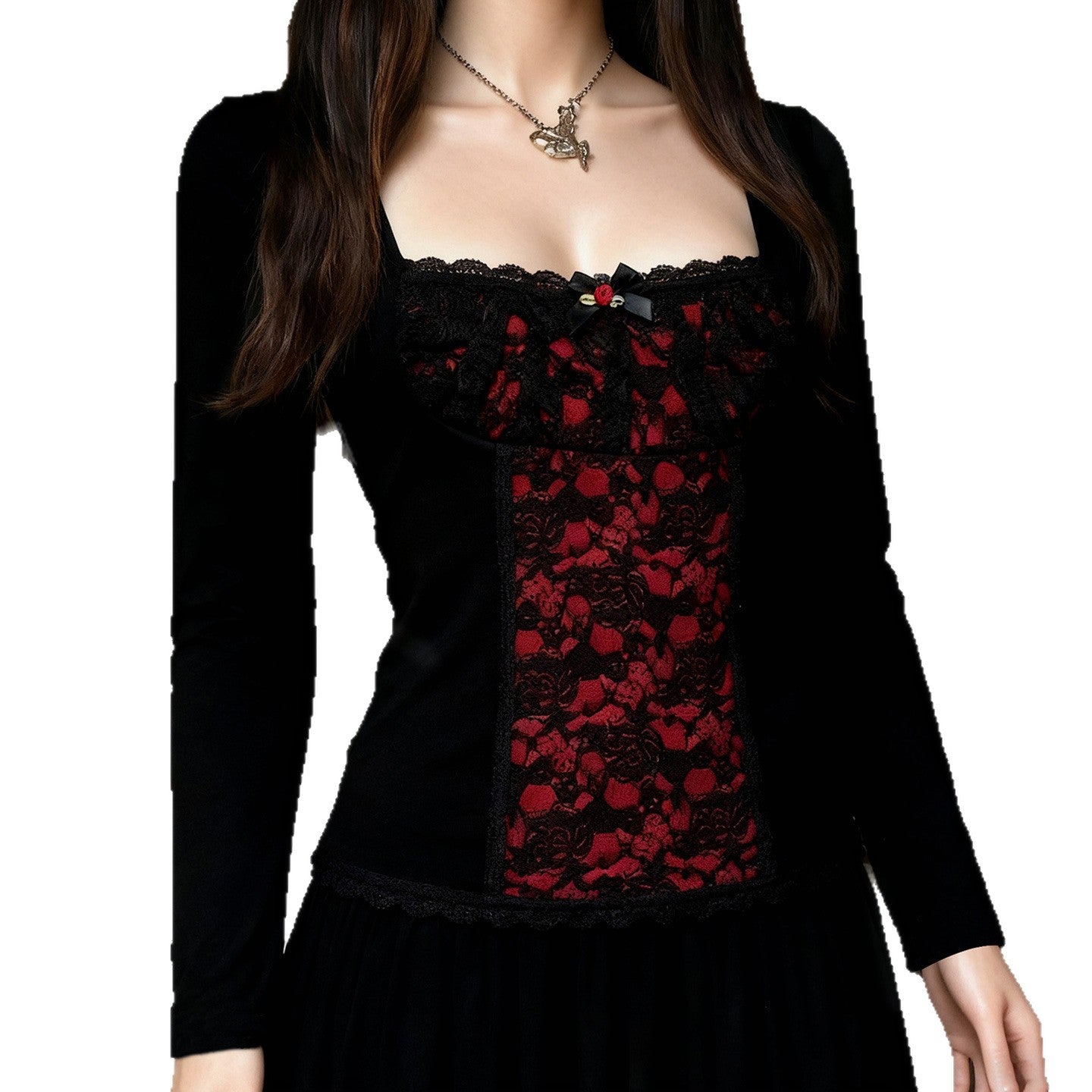 Lace Patchwork Ruffled Long Sleeve Slim Fit Dark Aesthetic Blouse