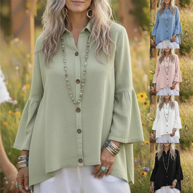 Women's Loose Fit Flare Sleeve Cotton-Linen Shirt For Everyday Wear