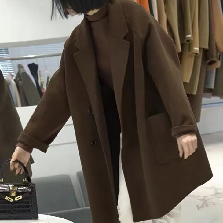 Korean Style Mid-Length Loose Woolen Coat With Button Front
