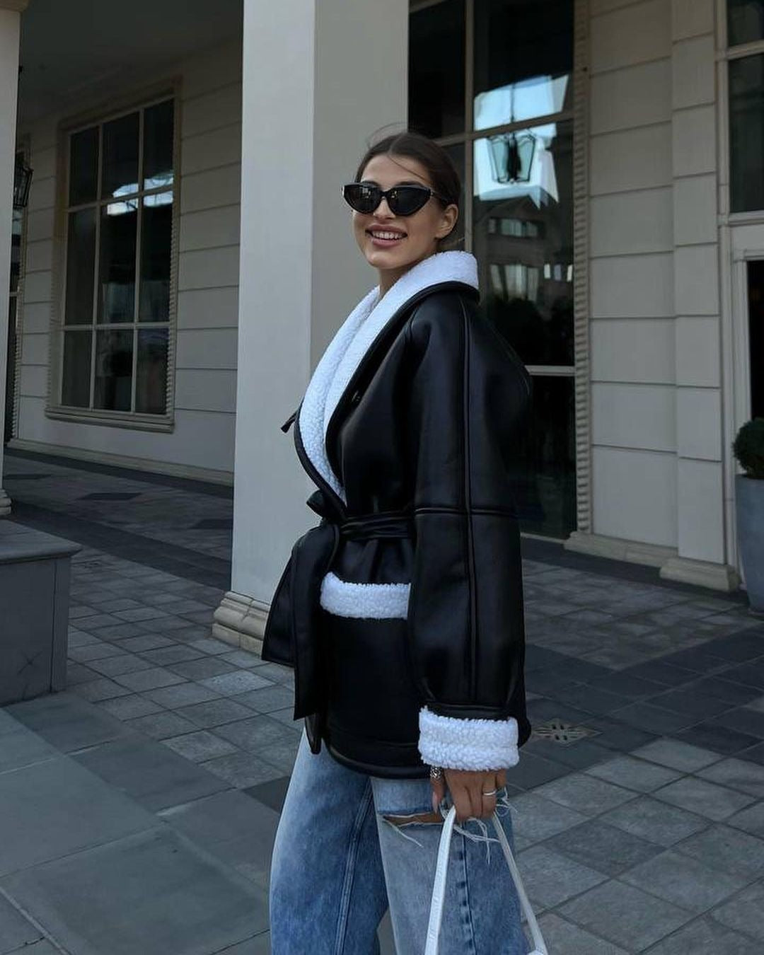 Korean Style Faux Leather Fur Splice Midlength Women's Coat