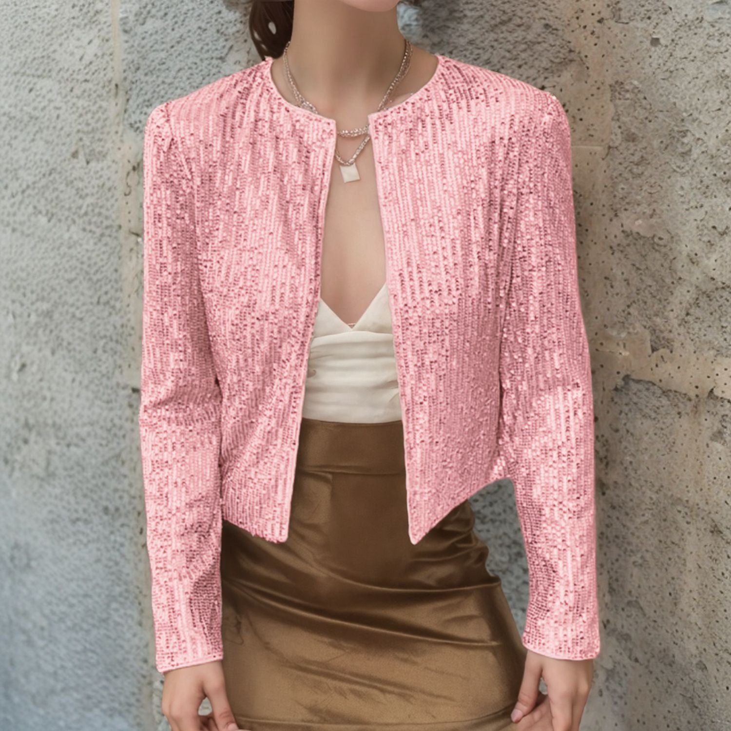 Crew-Neck Long Sleeve Sequin Cardigan Jacket For Evening Wear