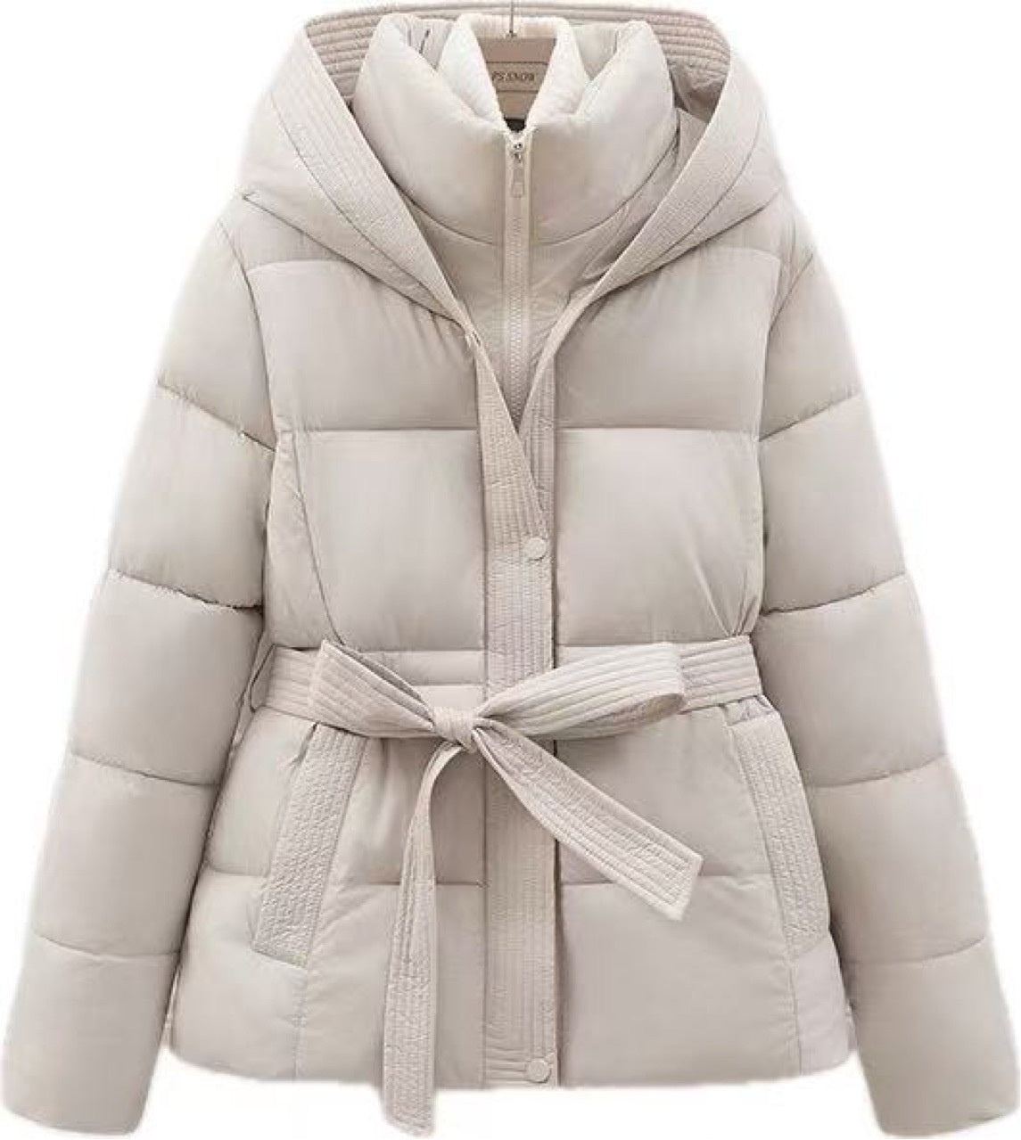 Short Women's Waist-Cinching Hooded Tie-Front Warm Coat