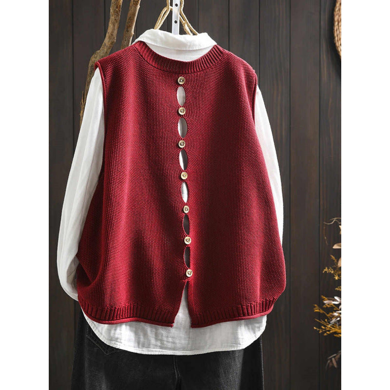 Back-Button Loose Fit Viscose Knit Sleeveless Commuter Vest