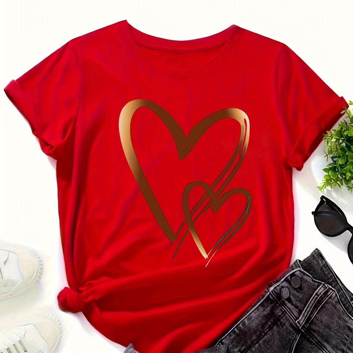 Soft Cotton Short Sleeve Casual Heart Print Everyday Women's Top