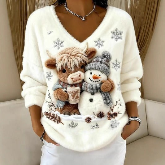 V Neck Christmas Sweater With 3D Digital Print And Regular Fit