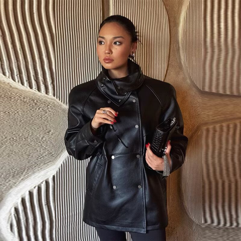 Black Mid-Length Faux-Leather Jacket For Women