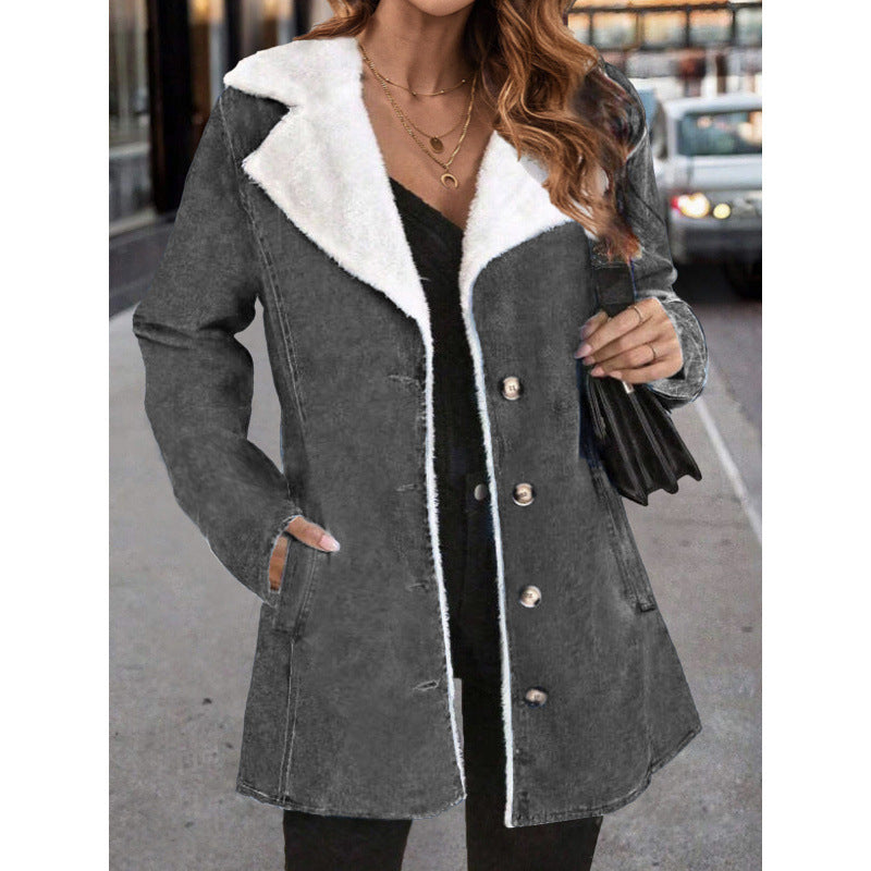 Plush Lapel Mid-Length Suede Coat With Fur Collar For Women
