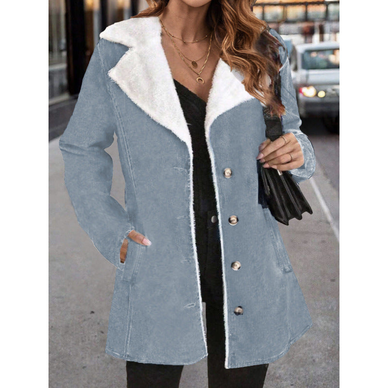 Plush Lapel Mid-Length Suede Coat With Fur Collar For Women