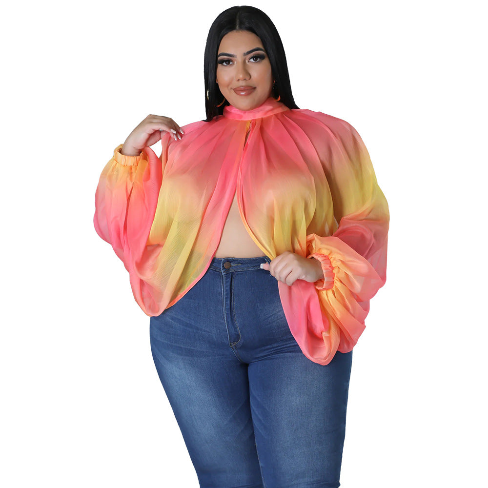Plus Size Floral Batwing Sleeve Long Chiffon Tie-Detail Loose Top